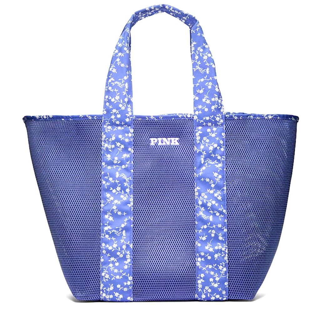 NWT PINK Blue Mesh/Floral Tote Zip Top Pool Beach Bag 14" L x 10" W x 15"H